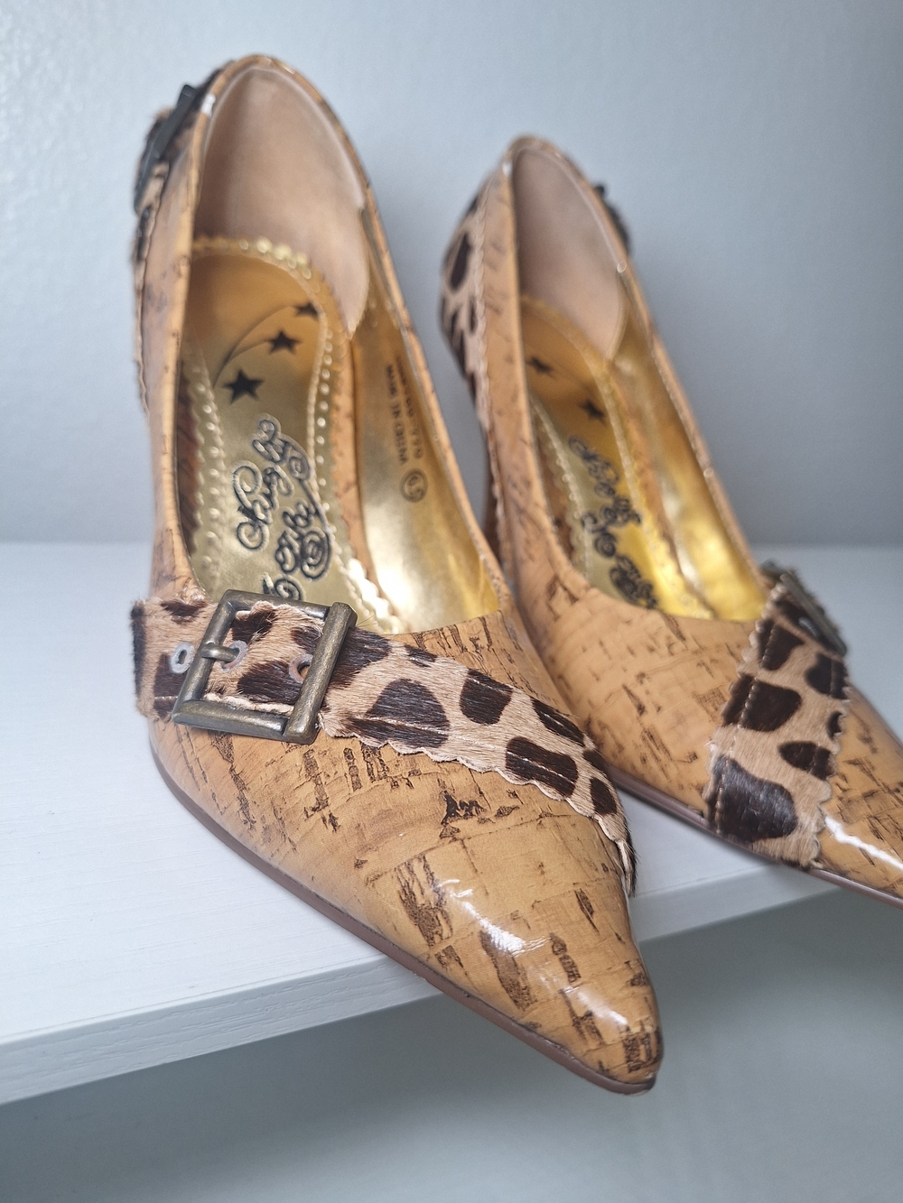 Naughty Monkey "Corkit" Leopard Cowhide Pumps | Vintage Y2K Cork Stiletto Buckle - Picture 4 of 8